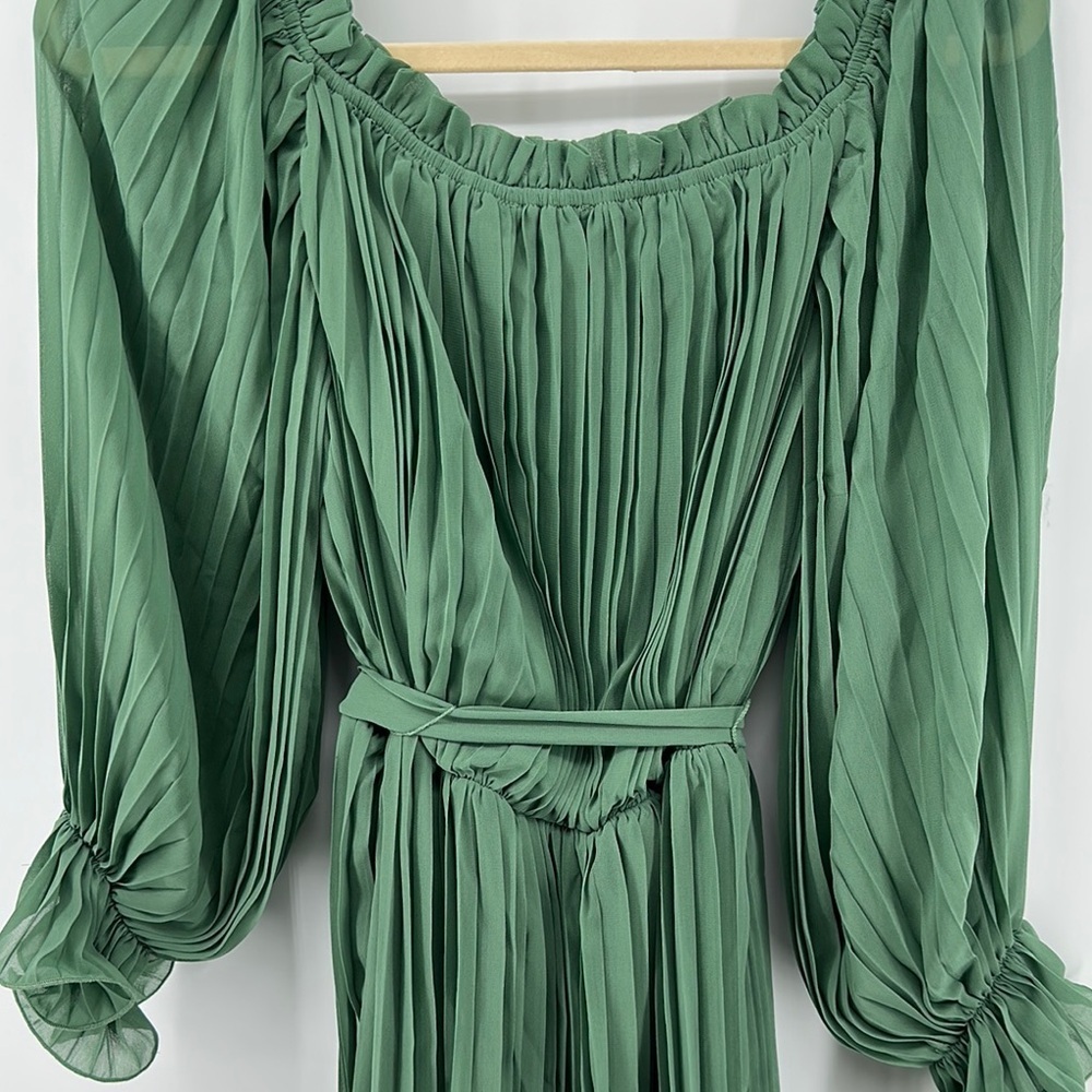 Baltic Born Green Long Sleeve Bishop Elastic Waist with Fabric Belt Sundress SzL - Picture 13 of 15